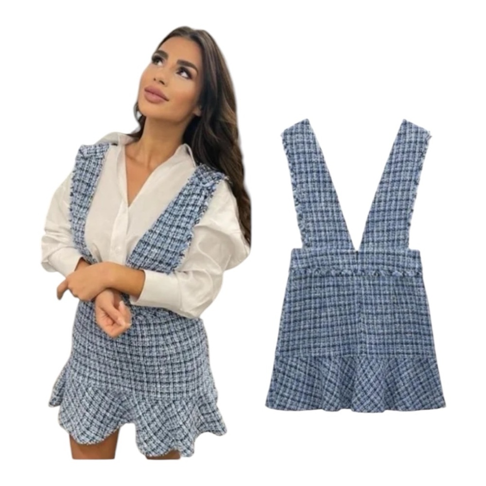 Zara Blue Tweed Mini Pinafore Dress